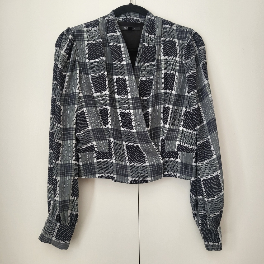 Toccin (NY) Sarah Wrap Top Geometric Print Blouse V Neck Gray Womens Size 10